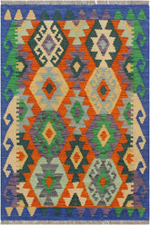 Flat Weave Kilim Antique Navaho Vintage handmade Geometric Kilim Rust Blue Hand-Woven Rectangle 100% Wool Area Rug 3x3